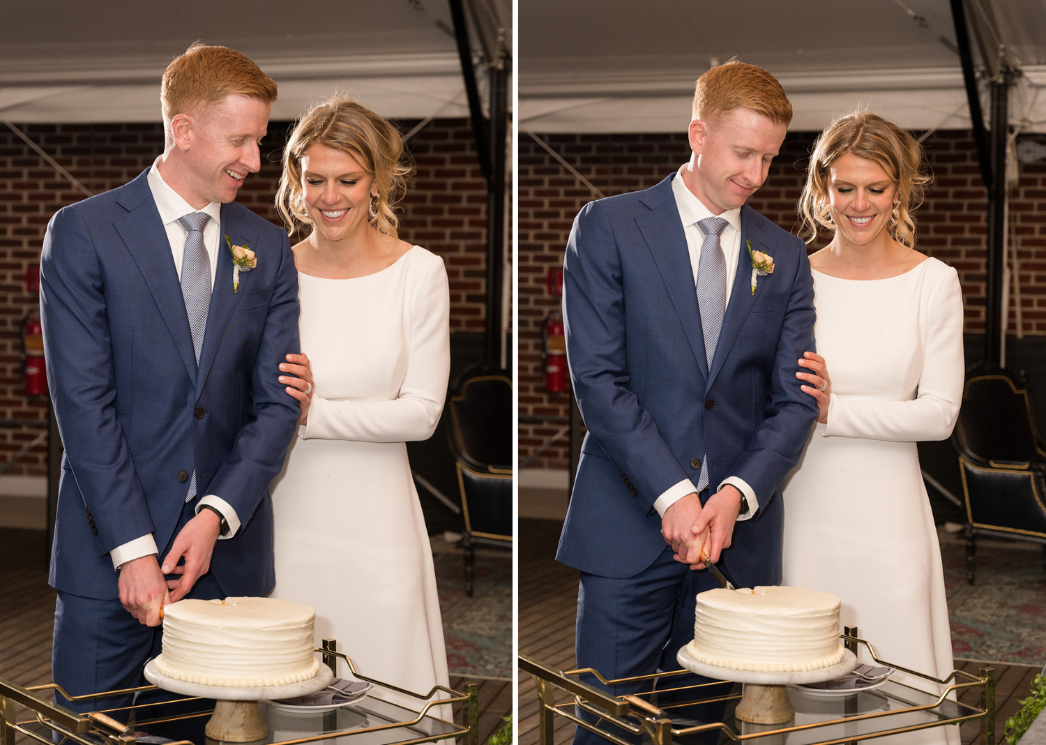 bride and groom cut the cake to celebrate their wedding at the Line Hotel in Washington D.C