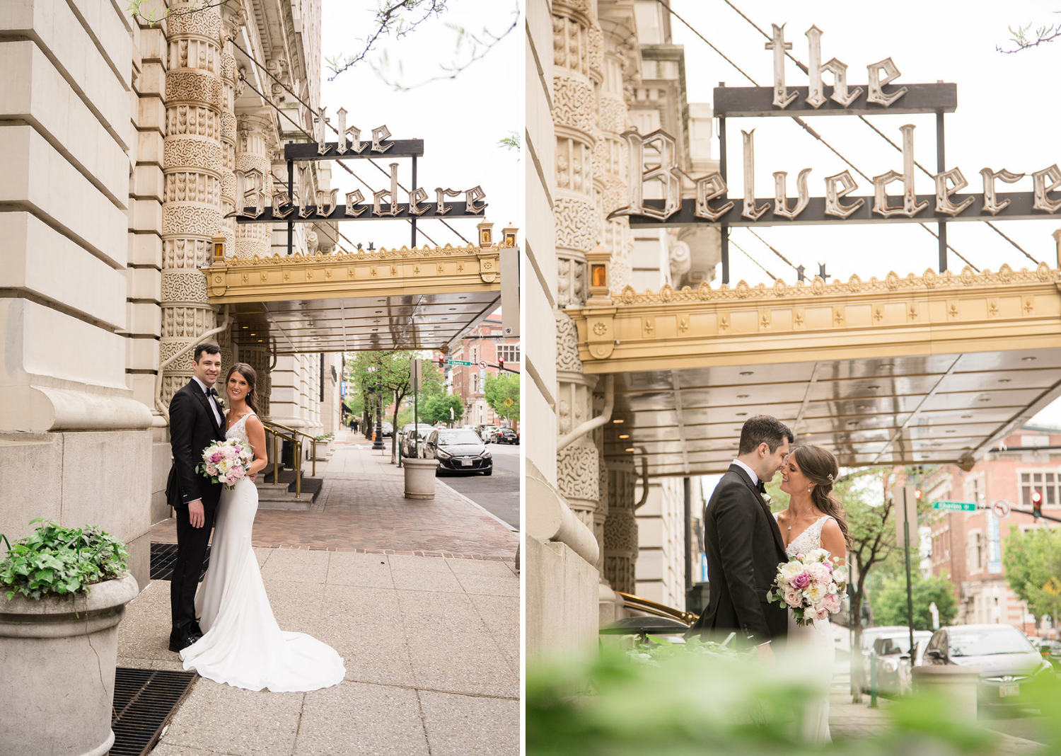 bride and groom in front of the Belvedere Hotel