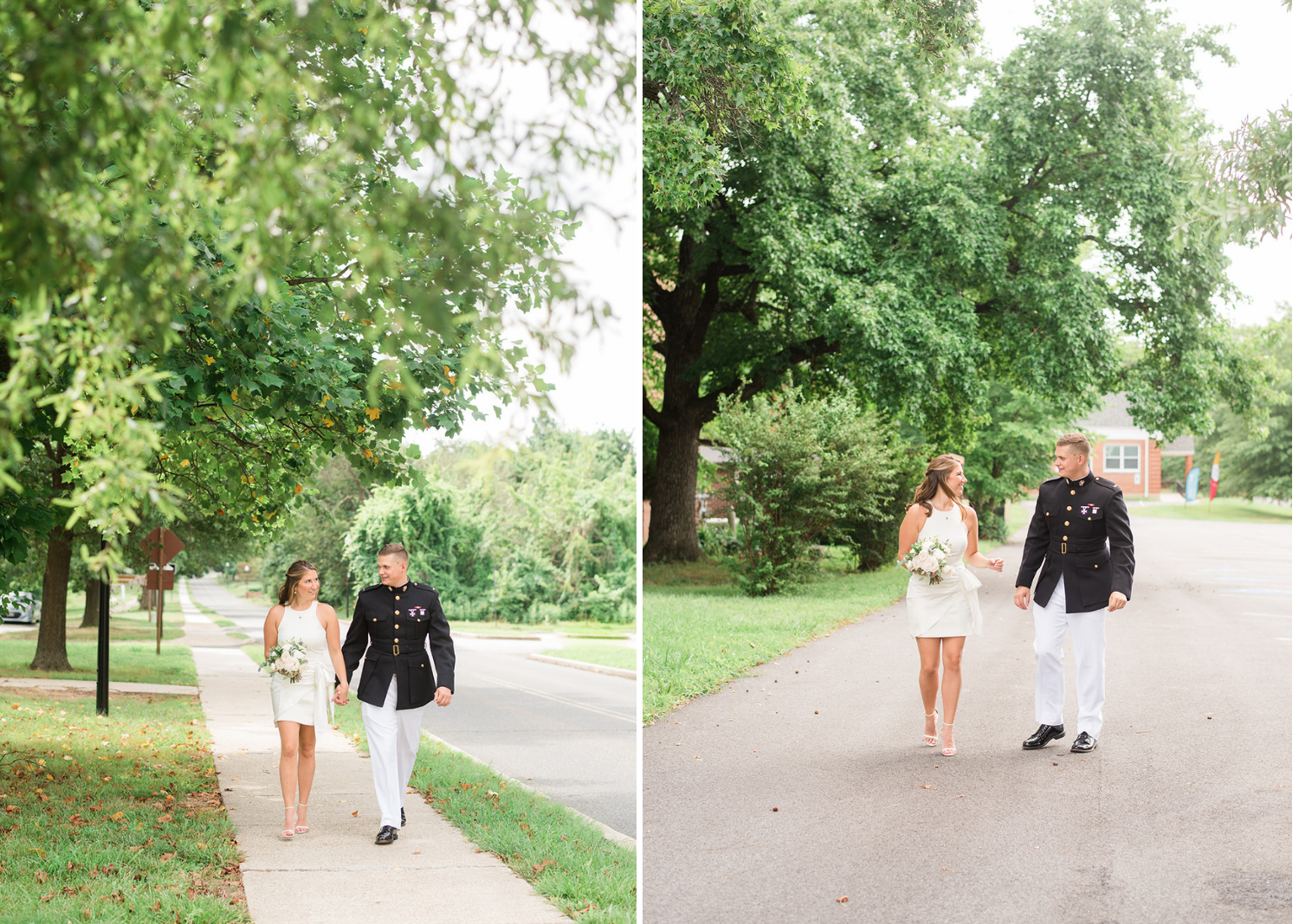 bride and groom strolling the streets before their elopement 