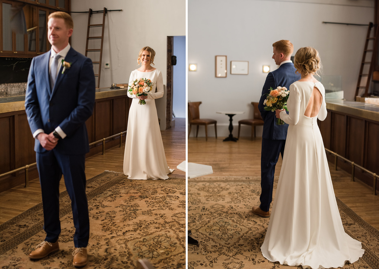 bride and groom for their first look before their wedding