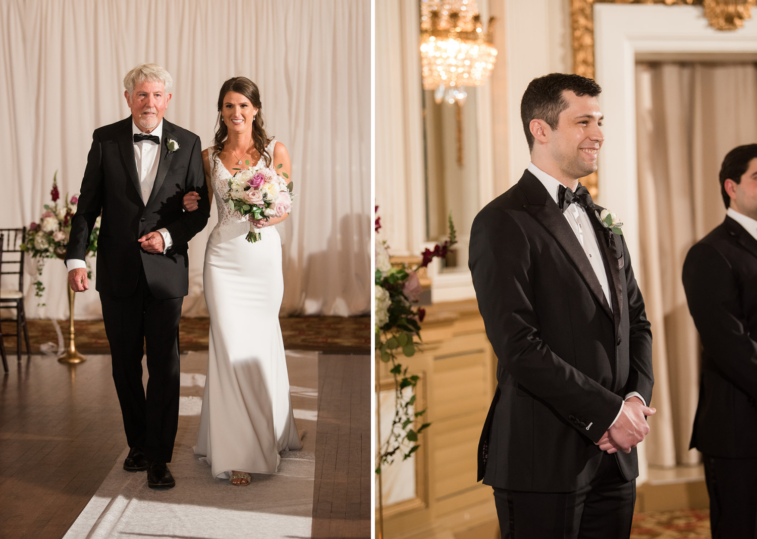 father of the bride walking his daughter down the aisle as the groom waits at the end of the aisle