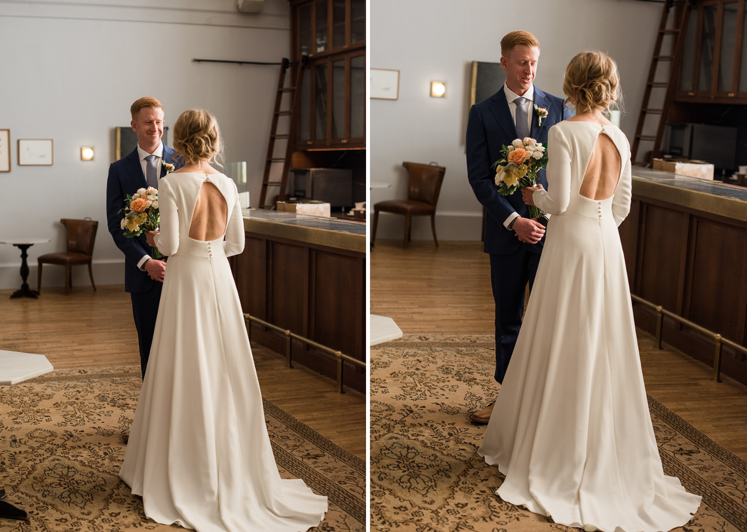 Bride and groom smiling during their first look