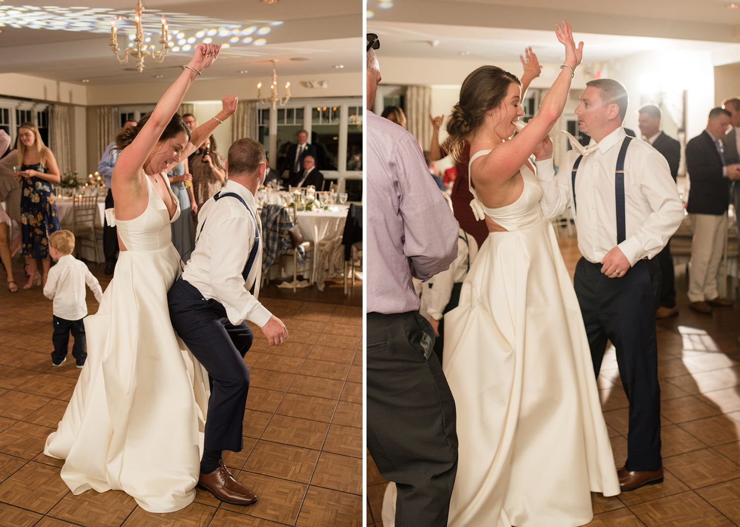 bride and groom dancing with their wedding guest during their wedding reception