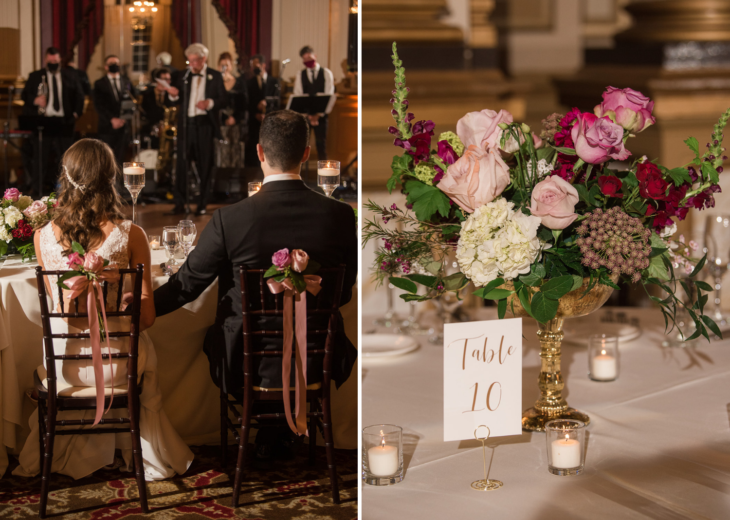 bride and groom at their wedding reception along with wedding reception table decorations