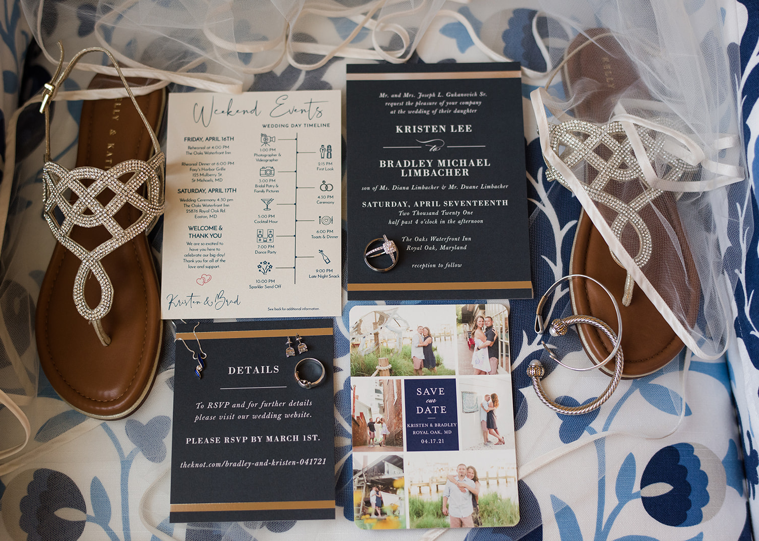 wedding invitation along with the bride's accessories on a flat lay