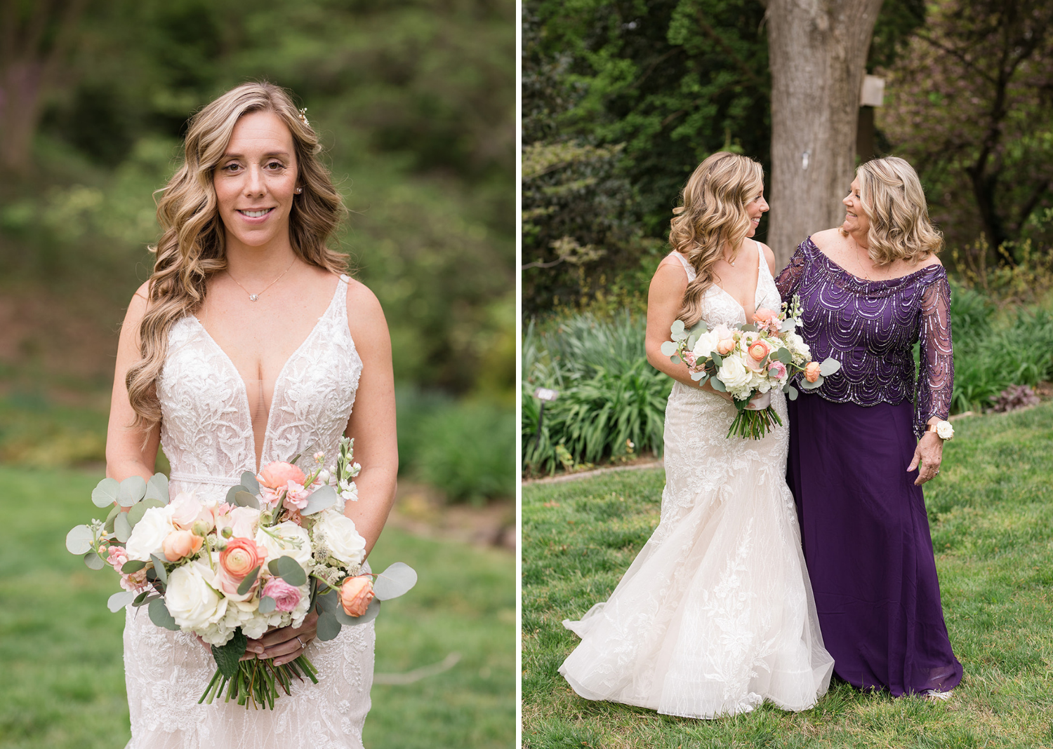 outdoor bridal portraits of the bride and the bride with her mom