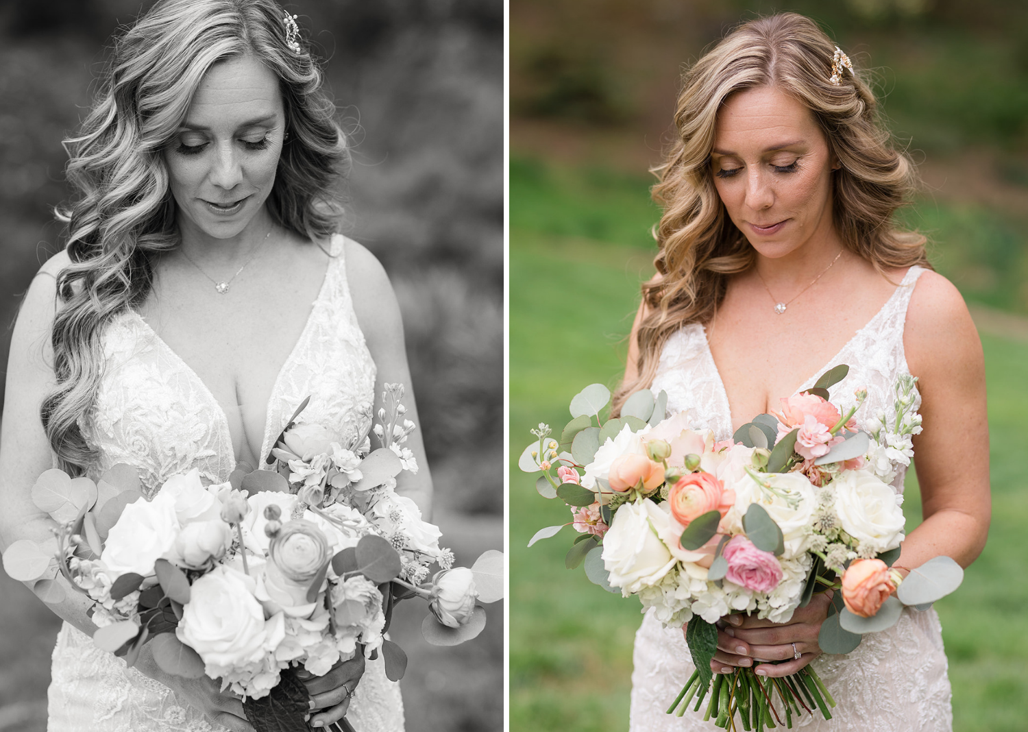 outdoor bridal portraits of the bride with her bouquet 