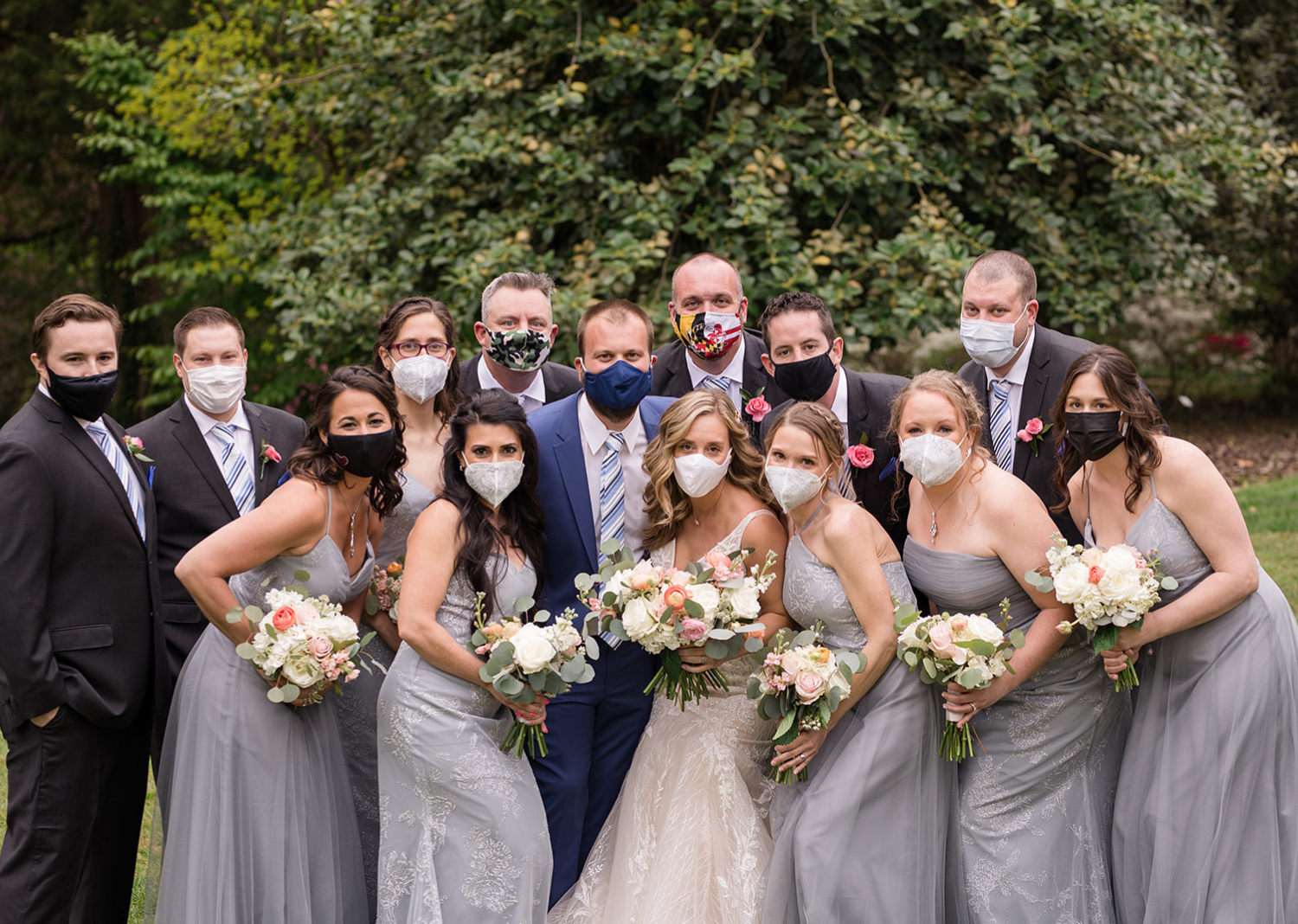 bridal party wearing face masks