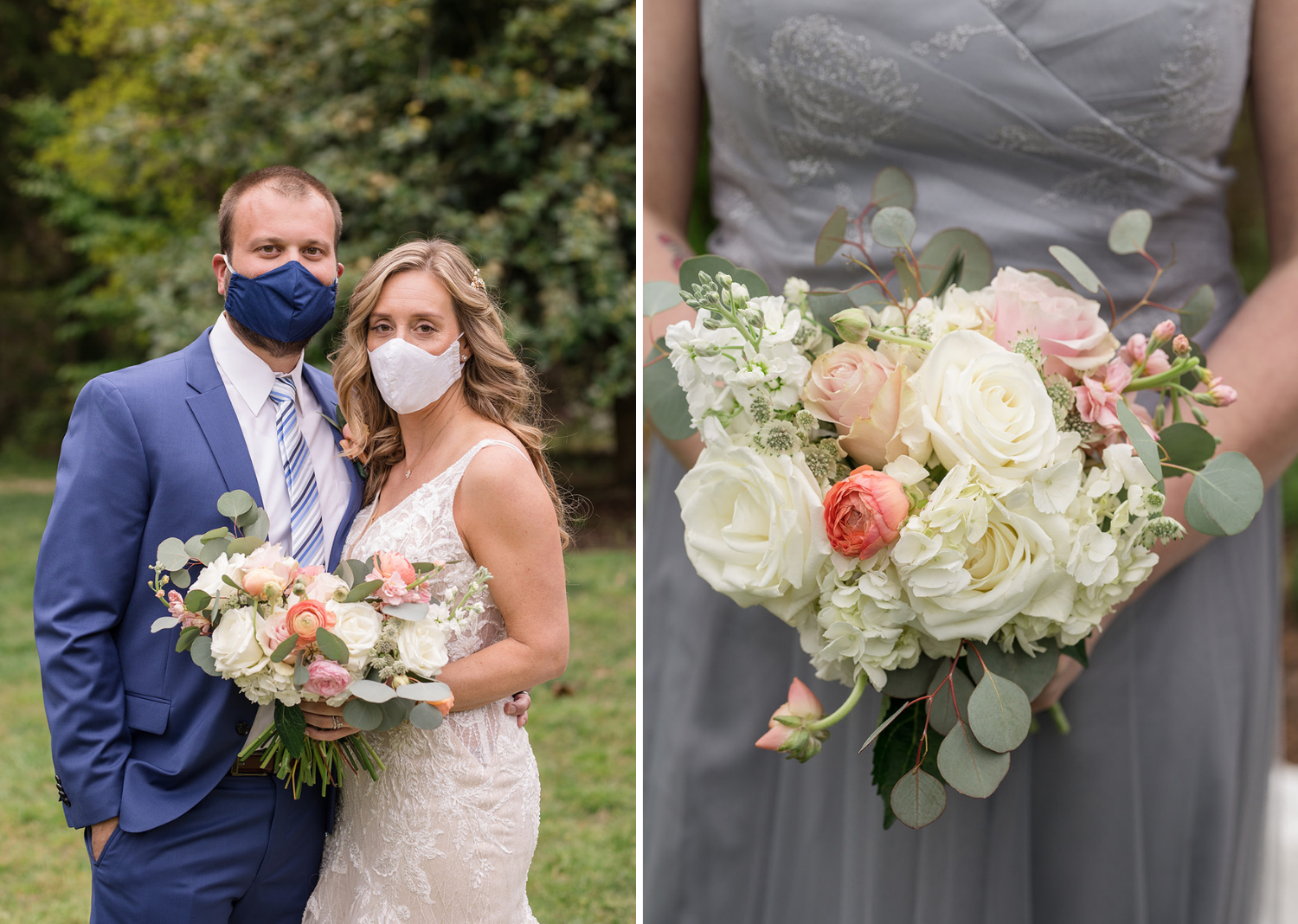 bride and groom wearing face masks and a close up shot of the bridal bouquet 