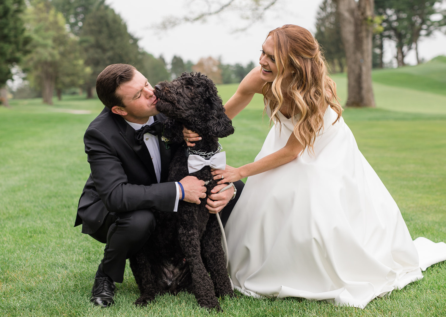 bride and groom with their dog 