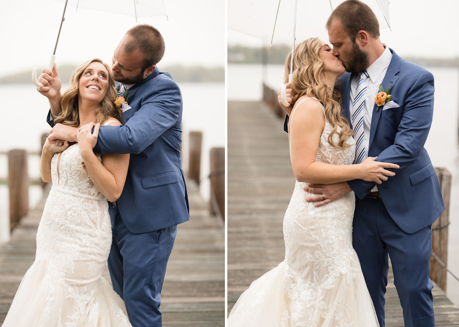 outdoor wedding portraits of the bride and the groom on a rainy deck