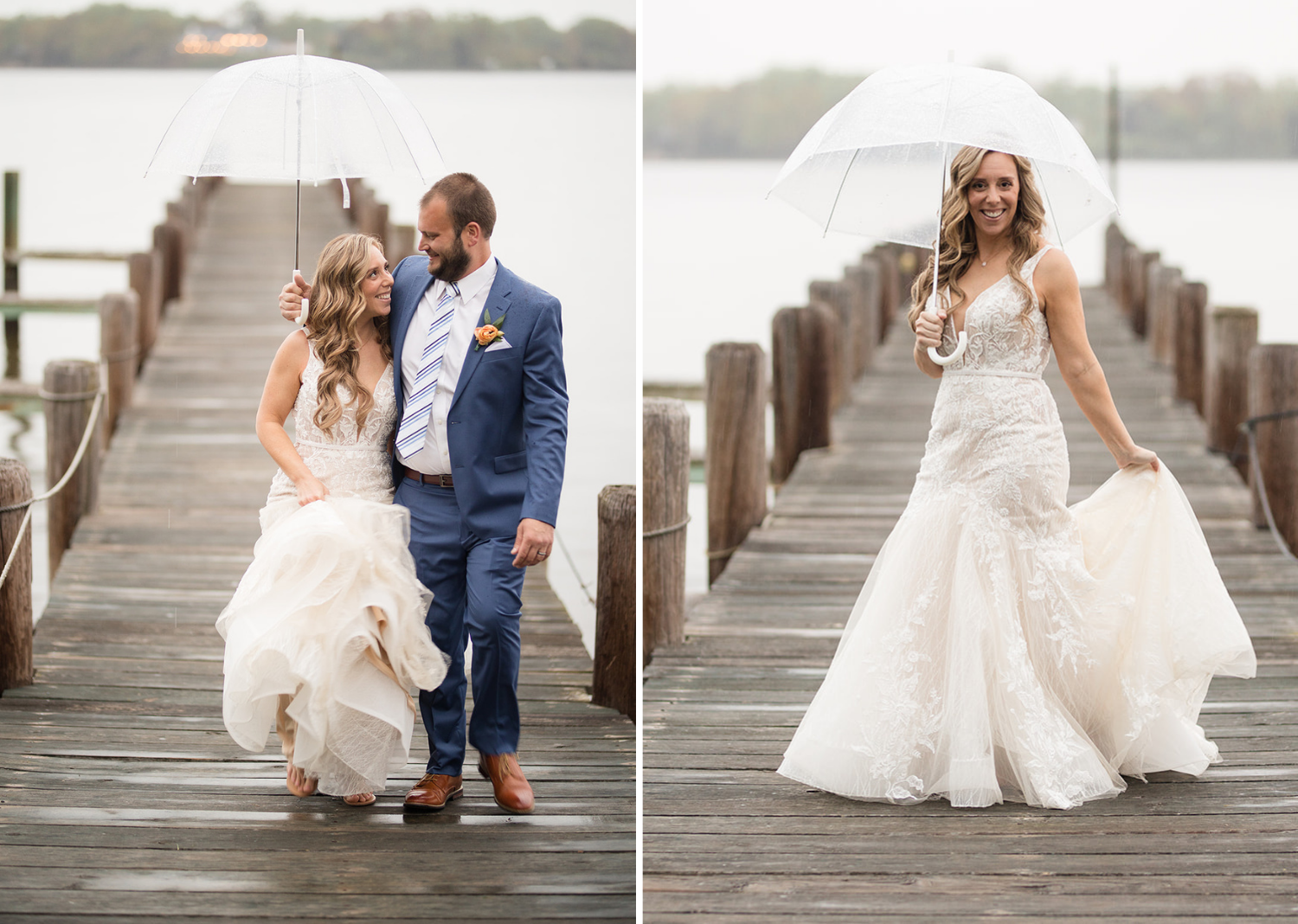 outdoor wedding portraits of the bride and the groom on a rainy deck