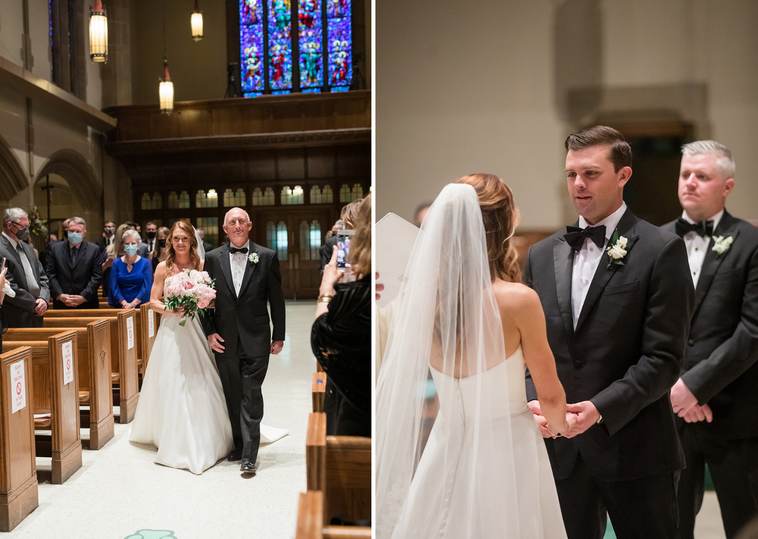 father of the bride walking the bride down the aisle and handing bride over to the groom