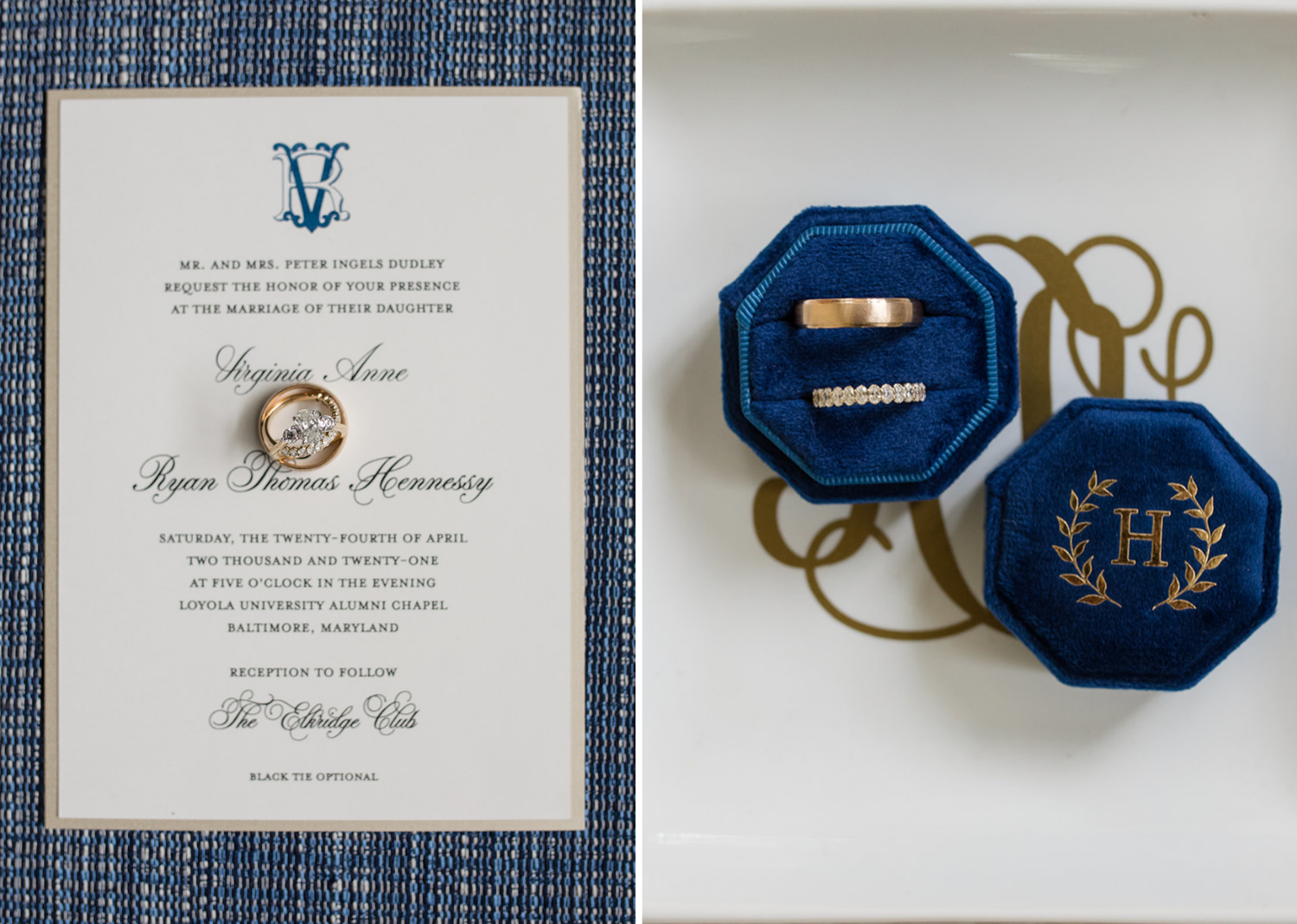 flatlay photos of wedding invite and wedding bands 