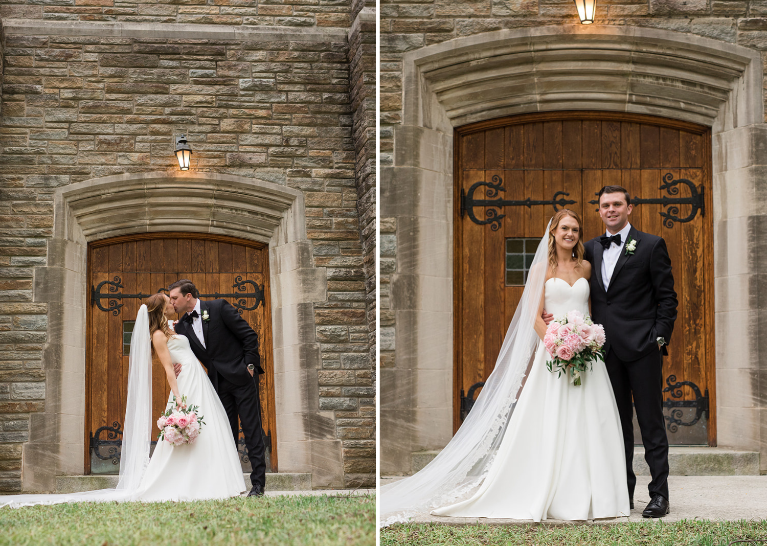 bride and groom wedding day portraits in front of the Elkridge country club 