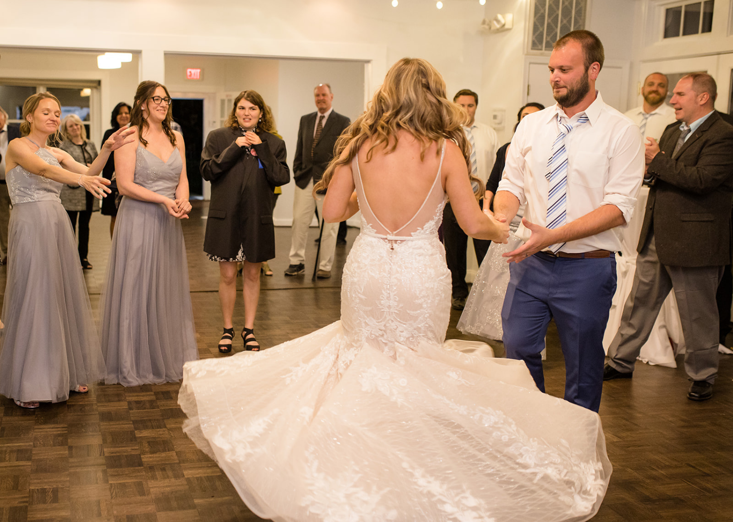 wedding guests dancing during the wedding reception