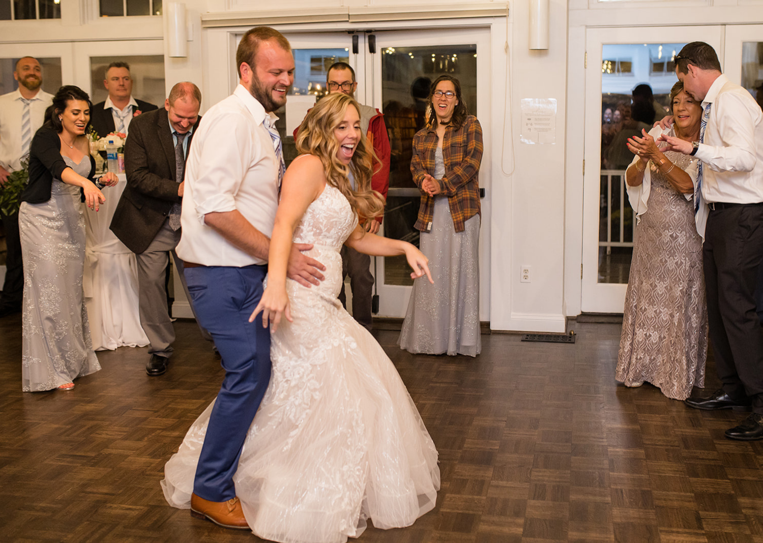 wedding guests dancing during the wedding reception