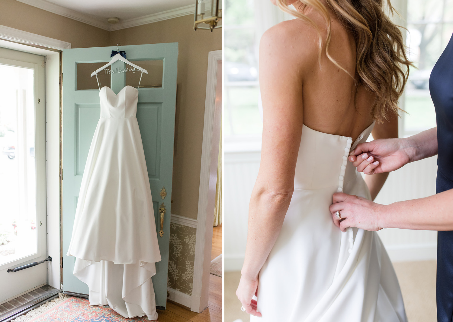 bride zipping up her wedding dress and photo of the wedding dress hanging over the door 