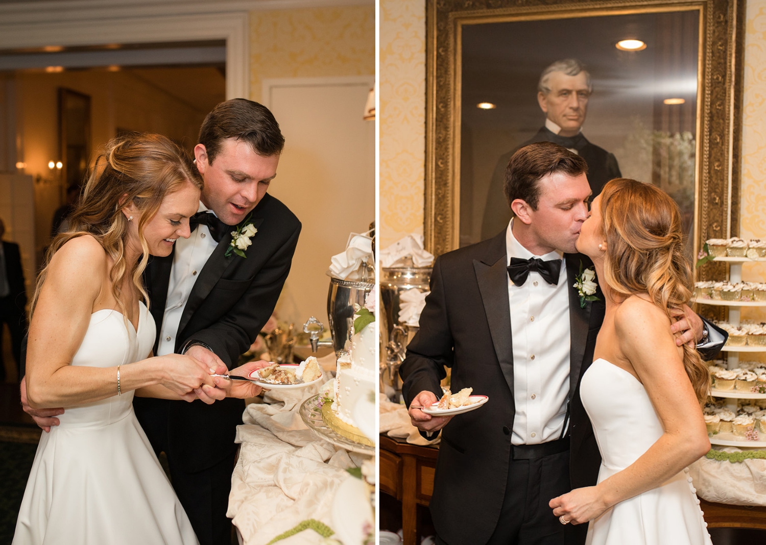 bride and groom cut the cake and share a kiss