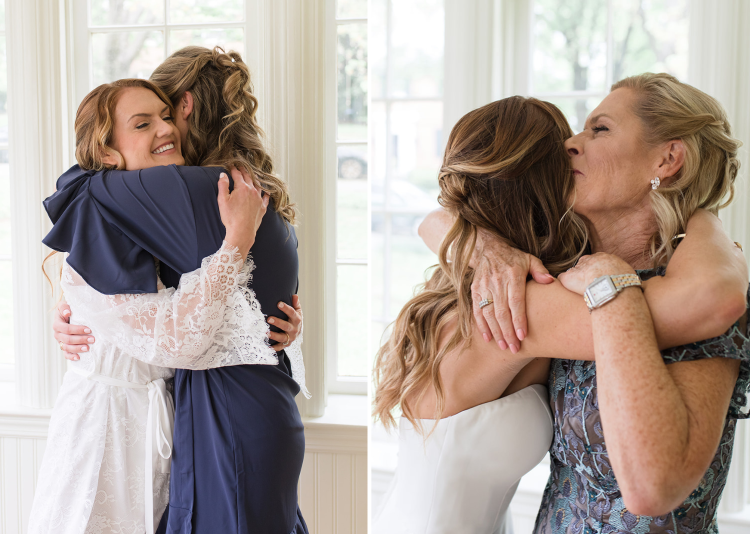 bridesmaid and mother of the bride giving the bride a hug