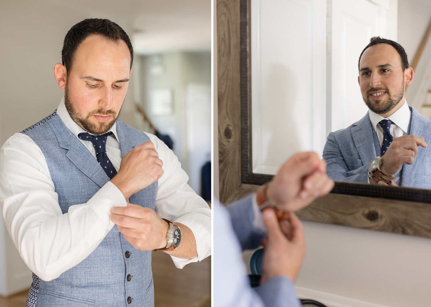 groom fixing his cuff links and looking at himself in the mirror