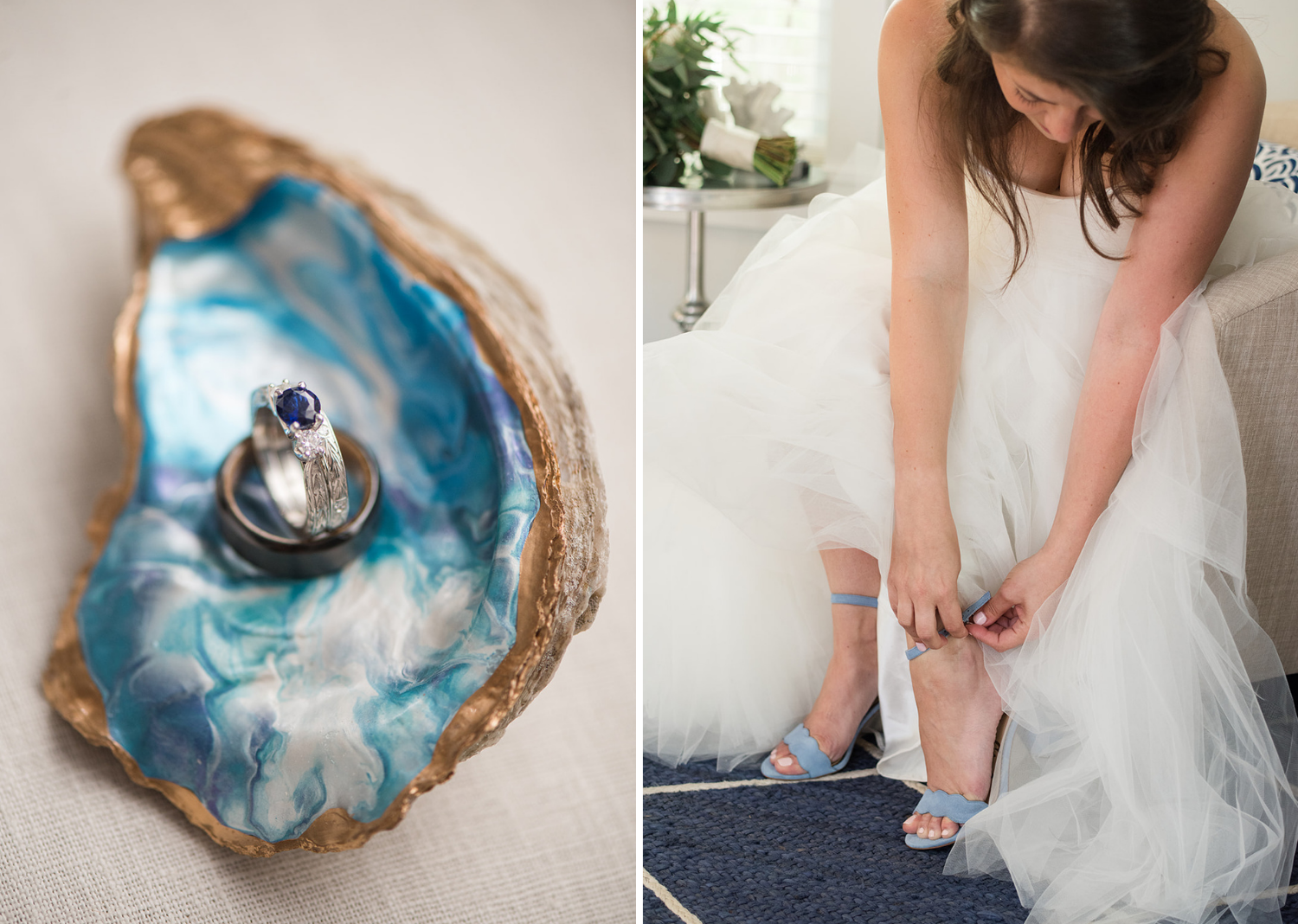 bride putting on her wedding shoes and wedding details