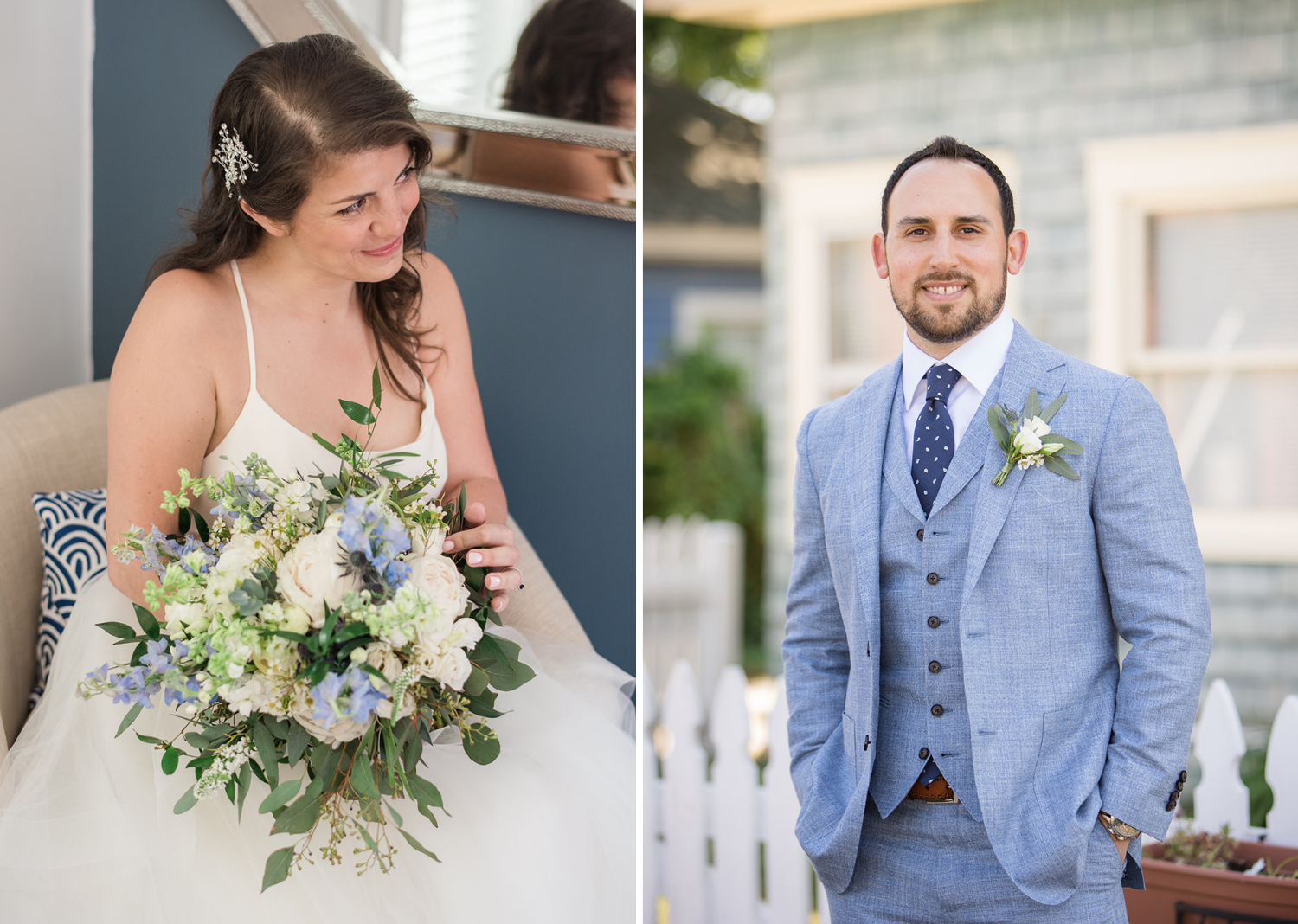 bridal portraits of the bride inside her suite and the groom outside ready 