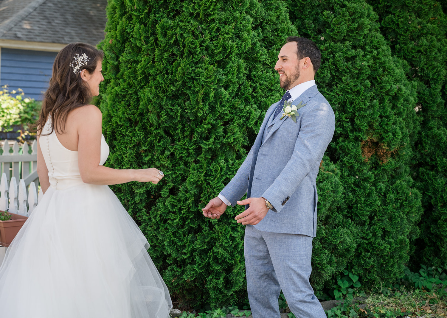 bride and groom during the first look