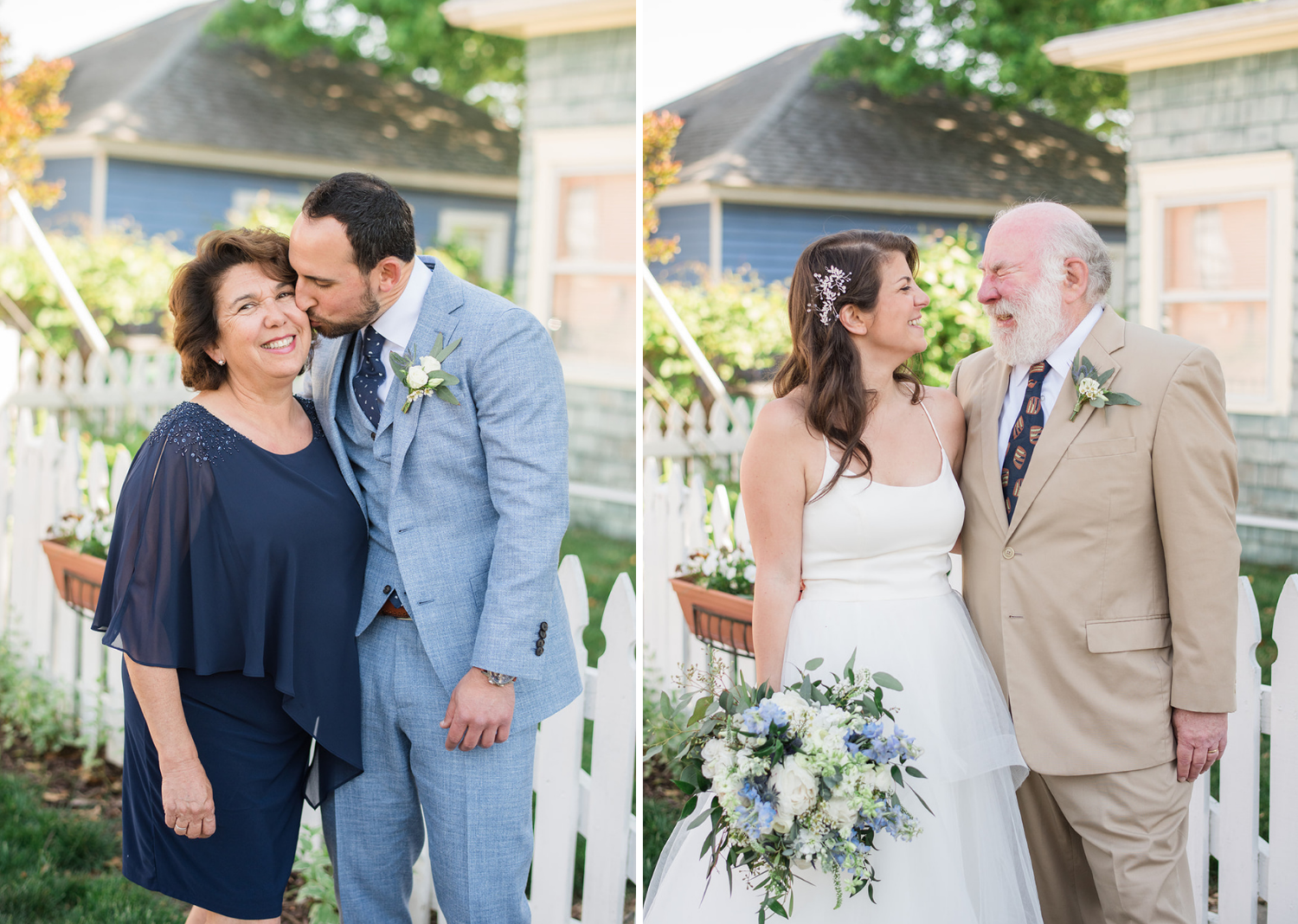 bride shares a hug with her dad and groom kisses his mom on the cheek