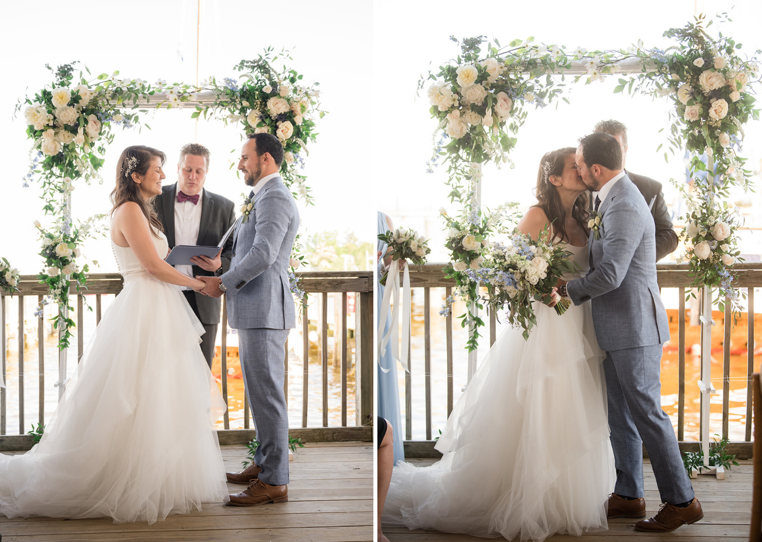 bride and groom hold hands and share their first kiss and husband and wife 