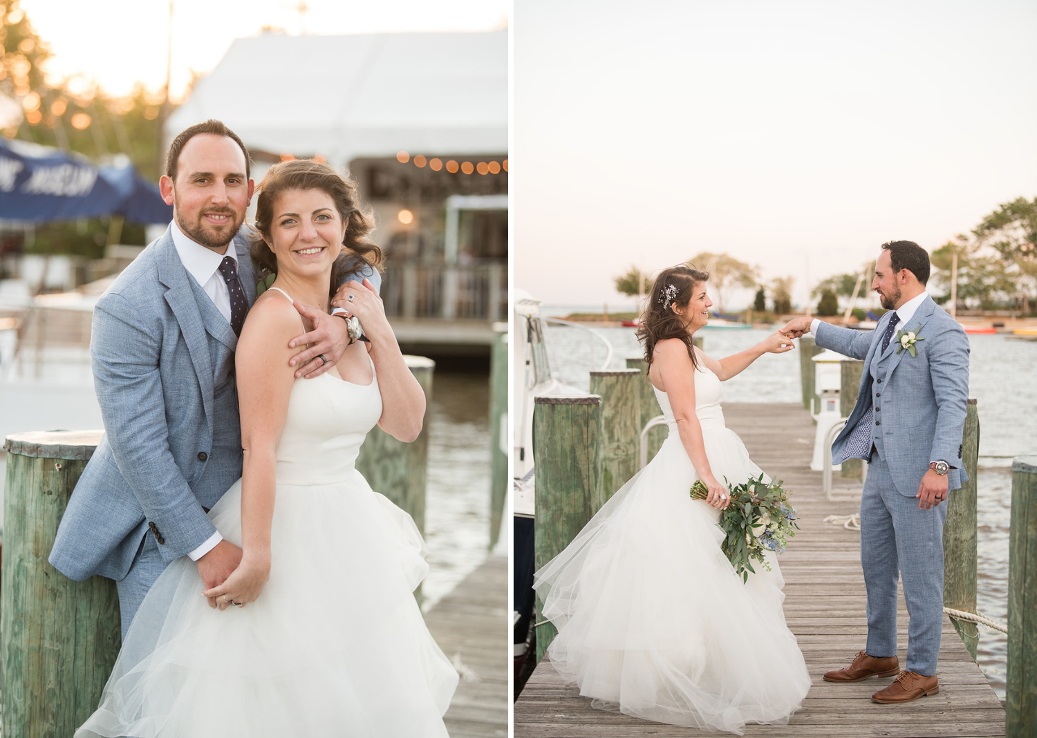 bride and groom share a kiss in the pier in the annapolis maritime museum