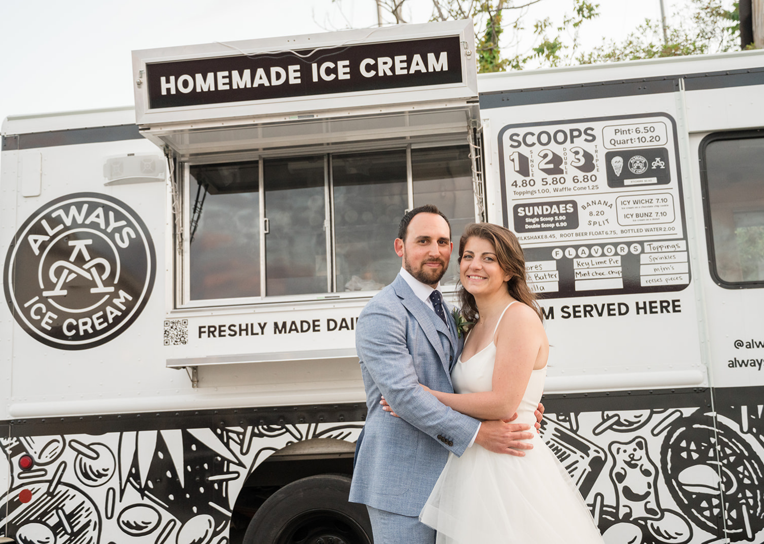 bride and groom in front of an icecream truck!