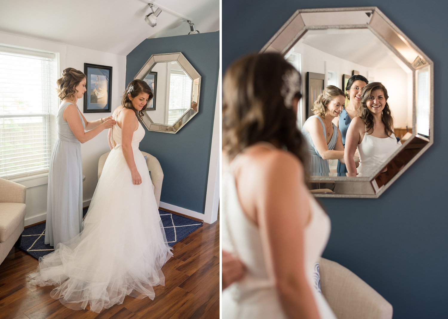 bride sees herself in in the mirror as she finishes getting ready