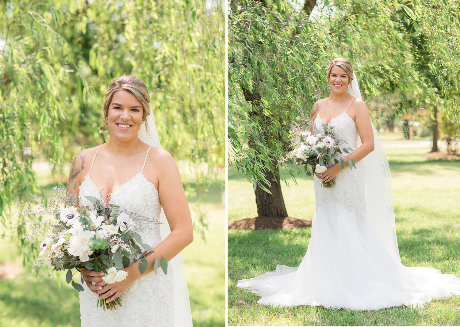 outdoor bridal portraits with the bride in her wedding dress and bouquet 