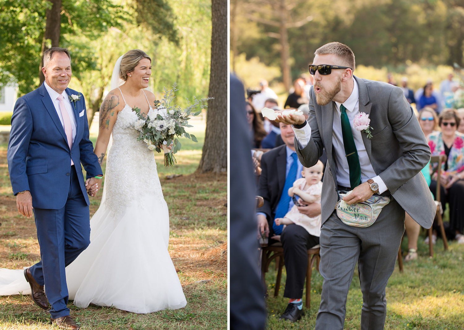 groomsmen as one of the flower girls blowing flowers before the bride walks down the aisle