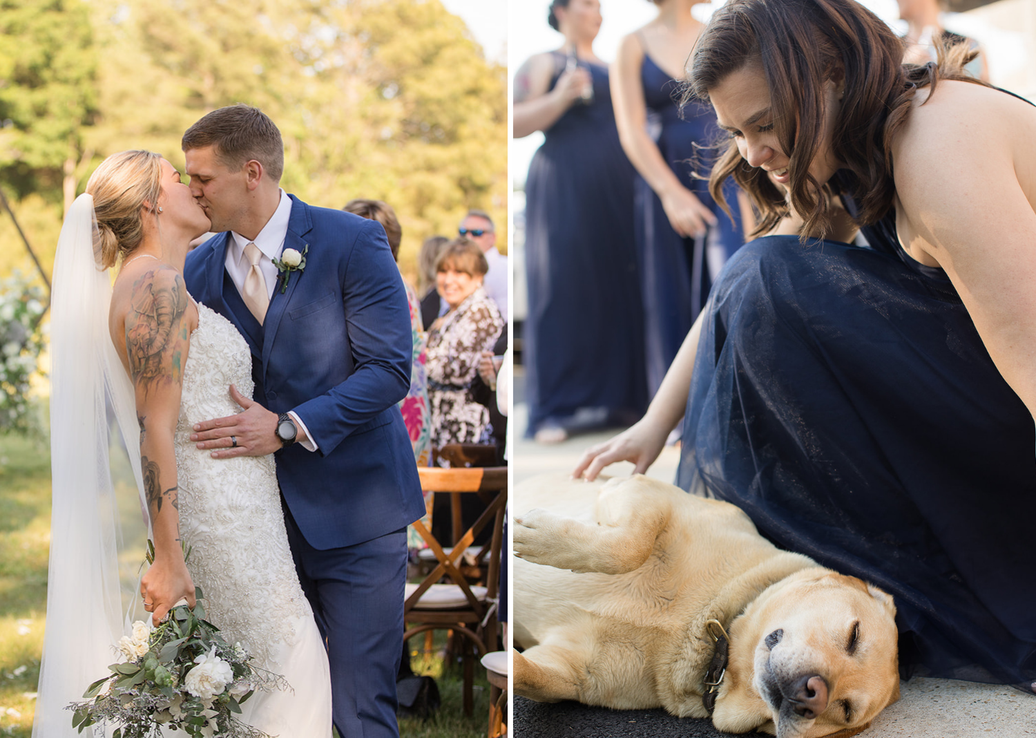 bride and groom share a kiss as they walk down the aisle, dog at the wedding lays down for belly rubs