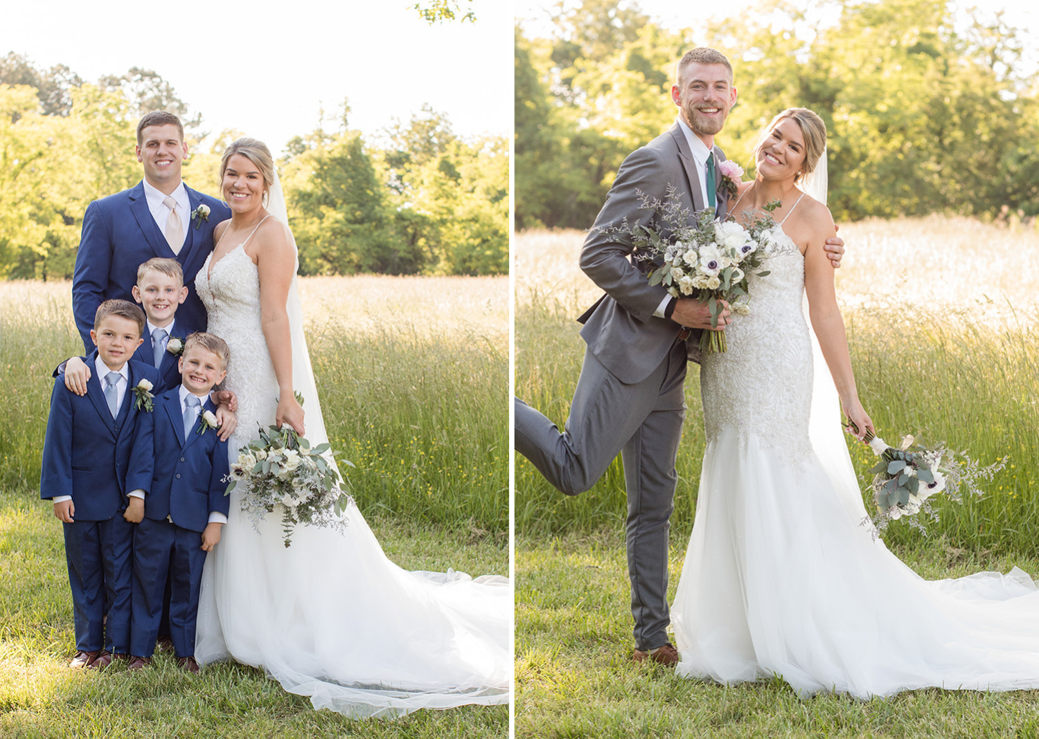 bride and groom with their kids and then the bride poses with their flower man