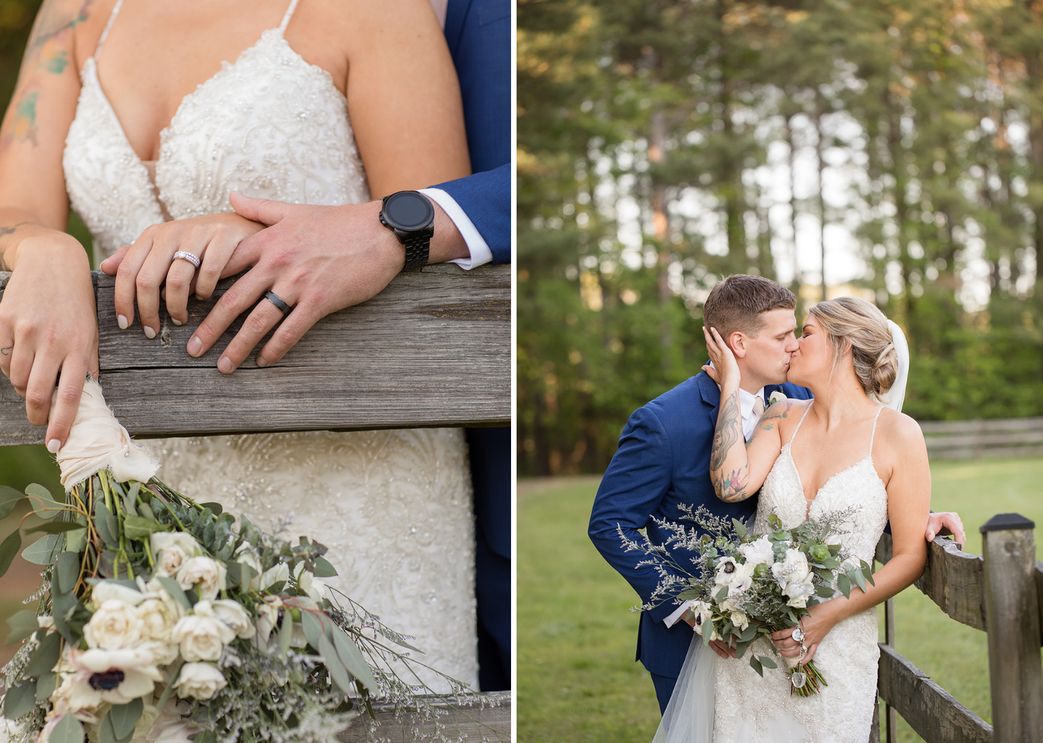 bride and groom outdoor portraits after wedding ceremony and close up of bride bouquets 