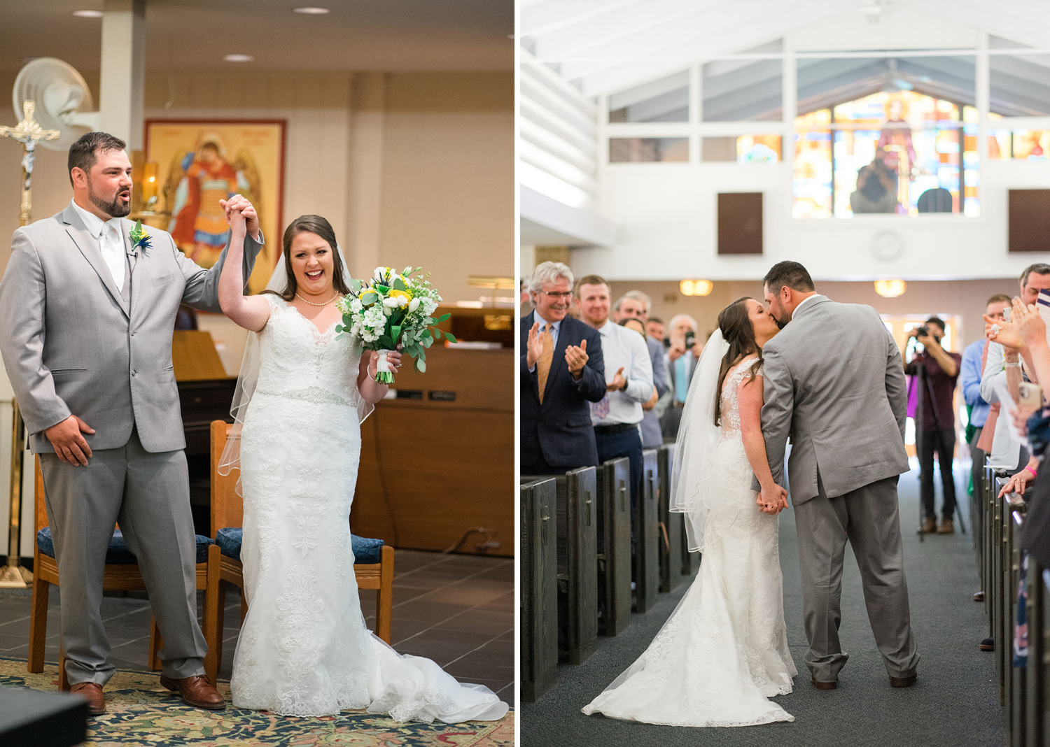 bride and groom walk down the aisle