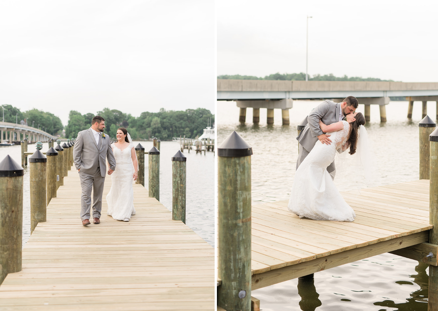 bride and groom outdoor portraits on the pier 