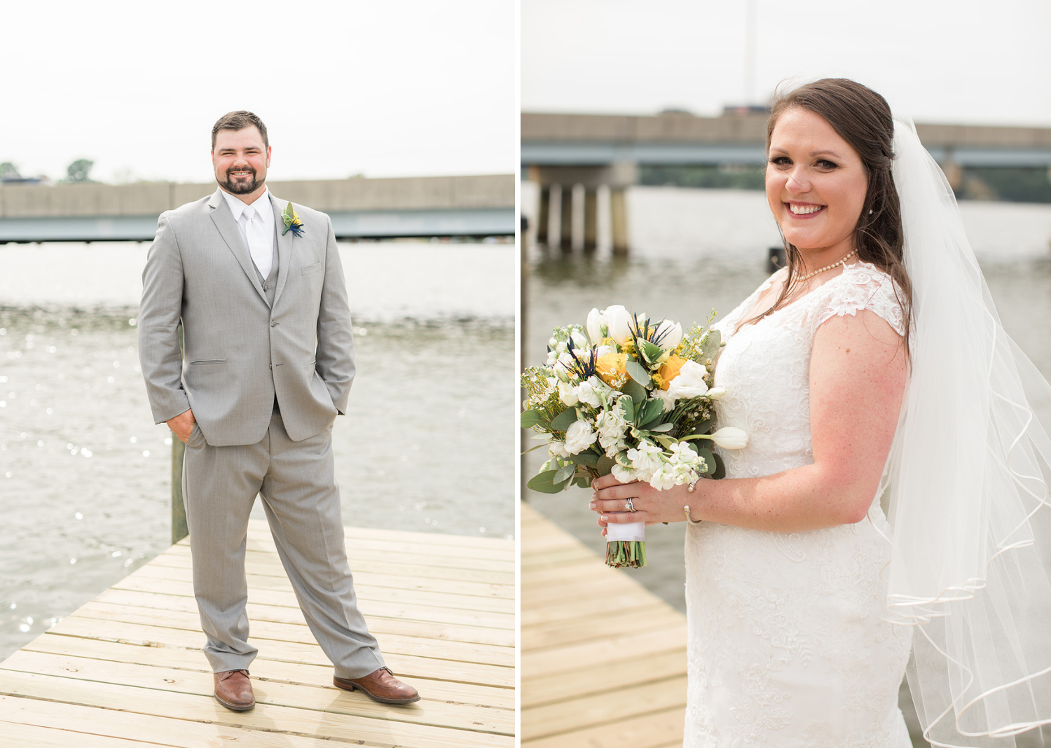 bride and groom outdoor portraits on the pier