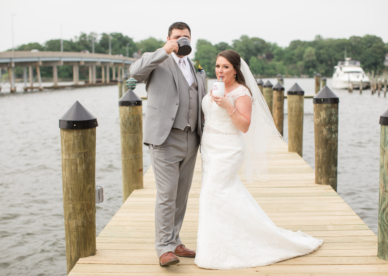 bride and groom outdoor portraits on the pier