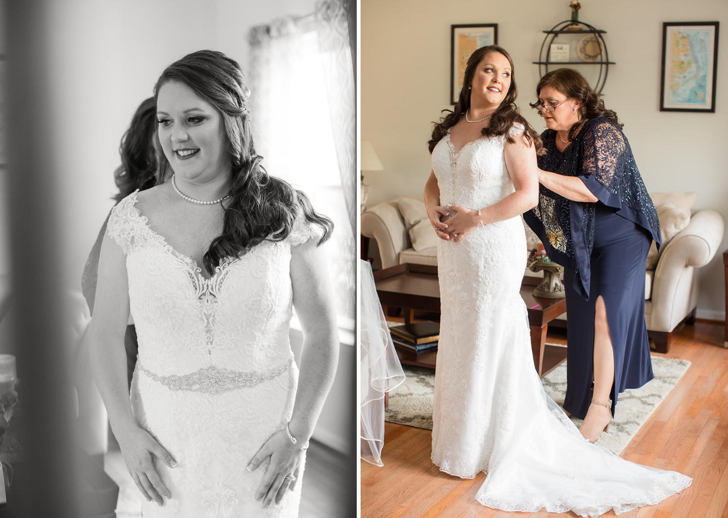 mother of the bride helps the bride zip up her wedding dress