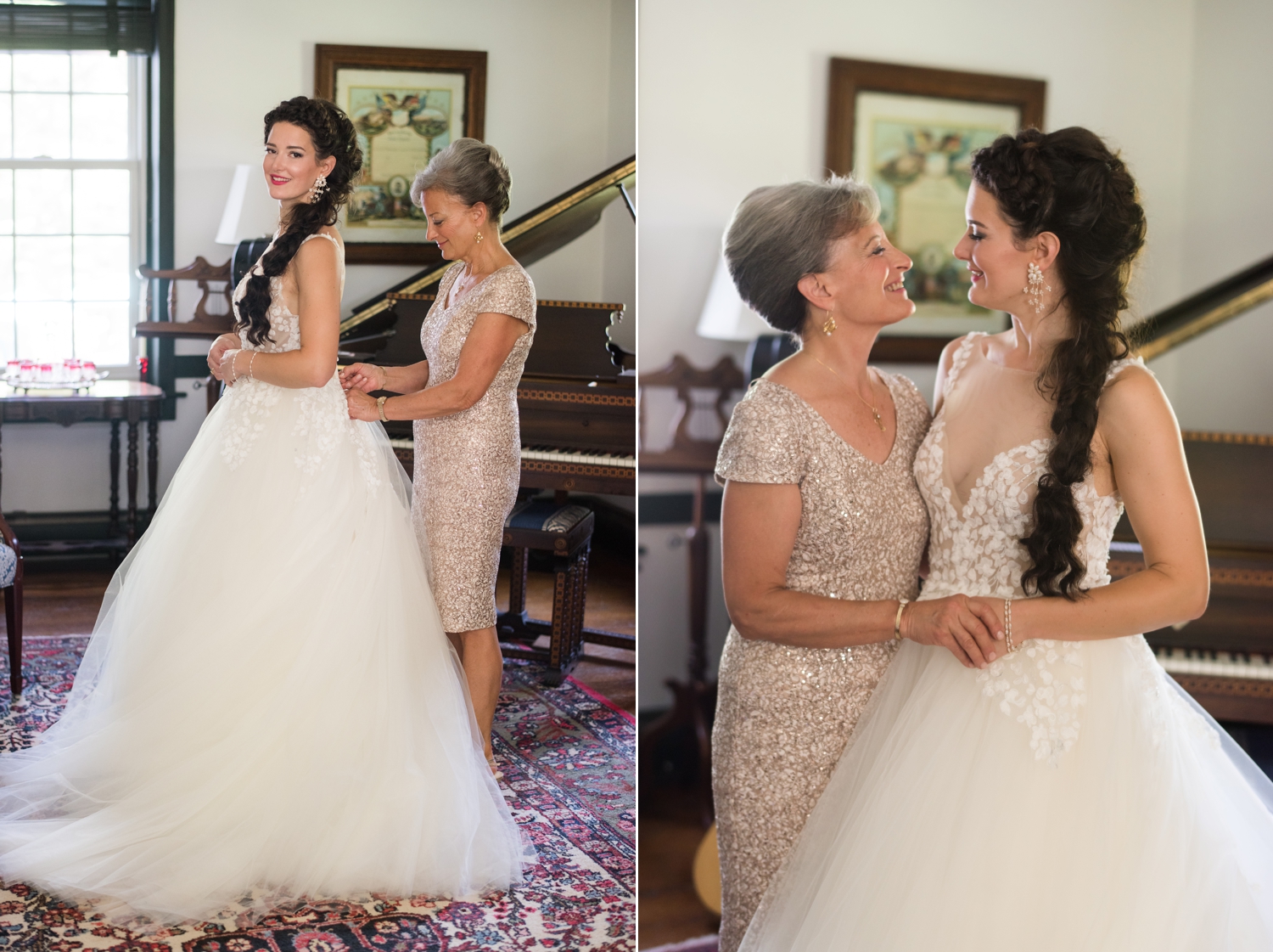 bride's mother adjusts her dress