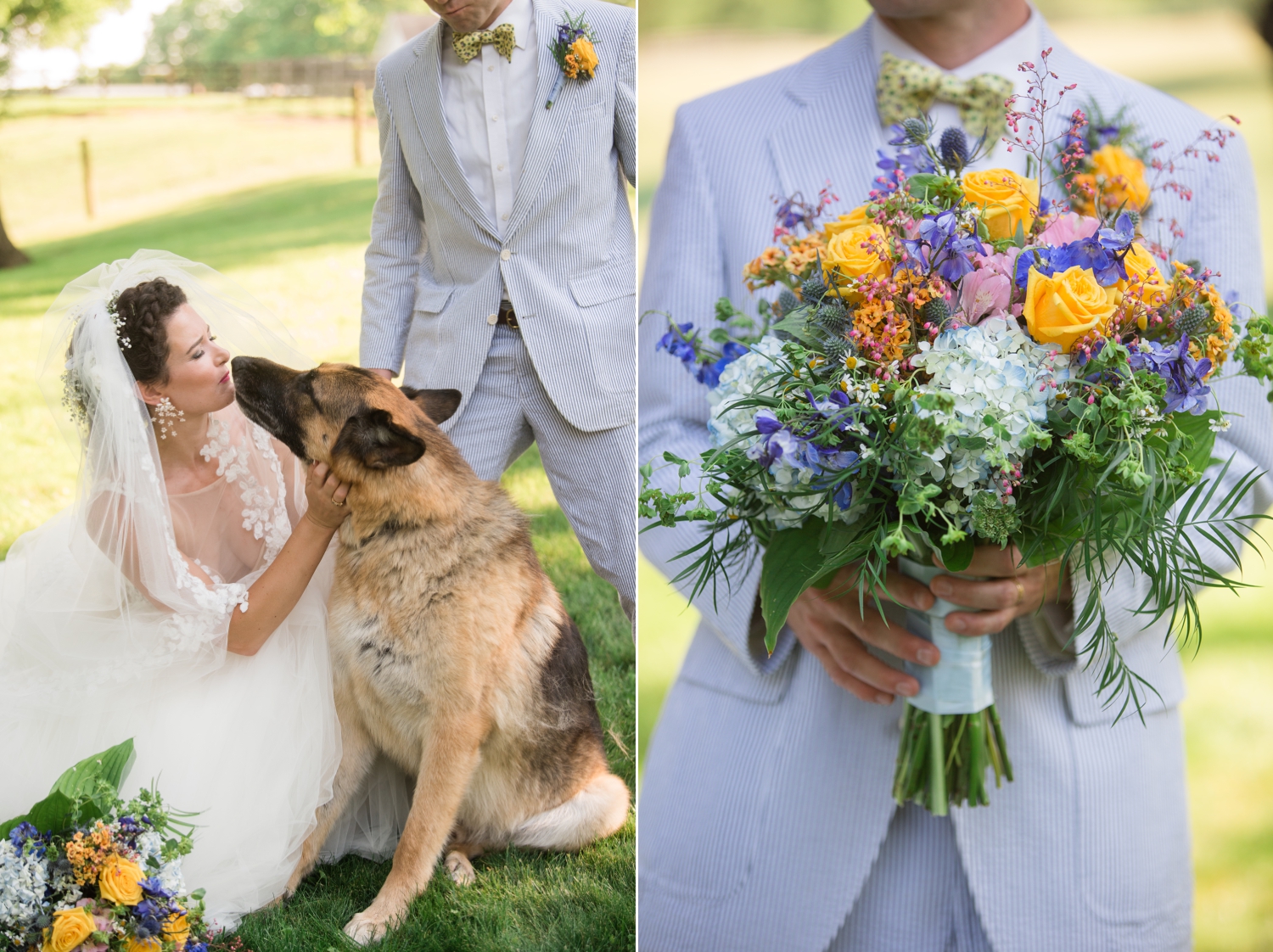 bride and groom with their German Shepherd. Groom with bride's flowers