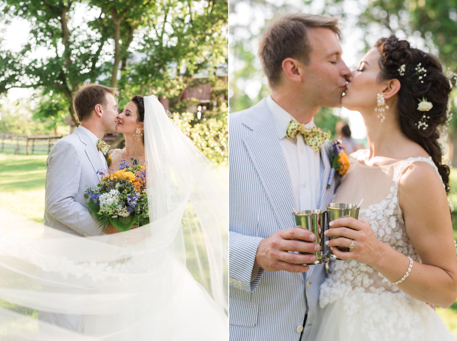 bride and groom toast and kiss