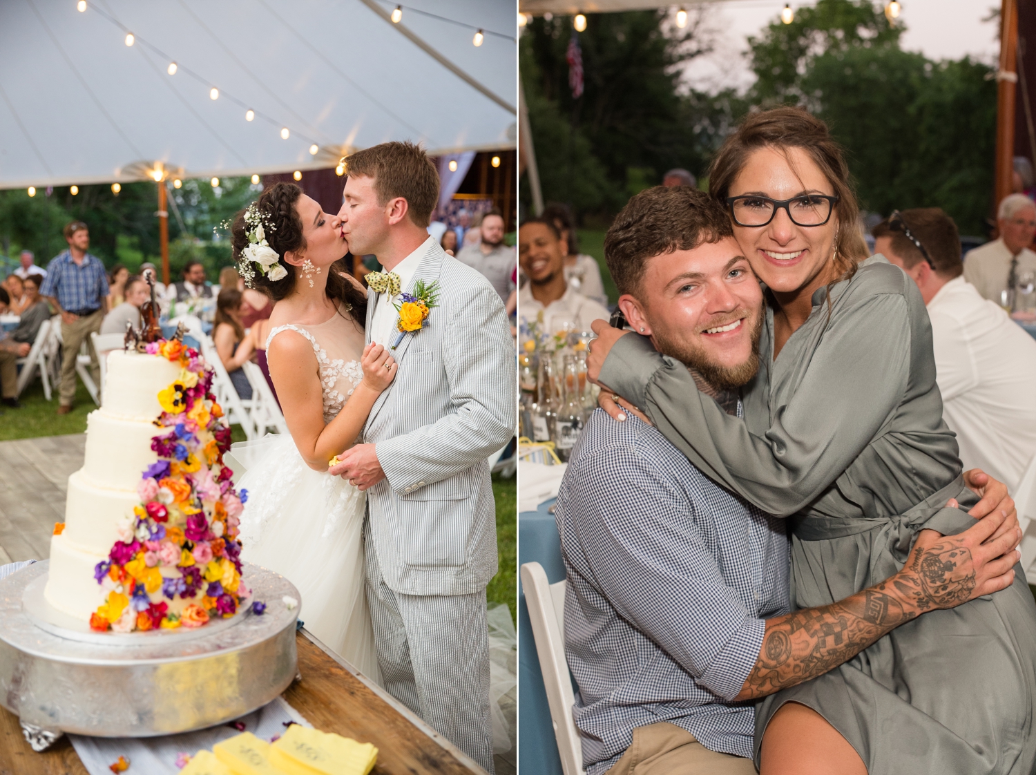 bride and groom kiss by the cake