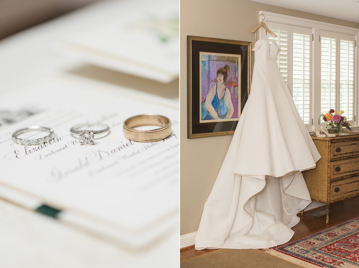 left side image: wedding and engagement rings on top of the wedding invitation. Right side image: the bride's dress hanging by a window next to a painting