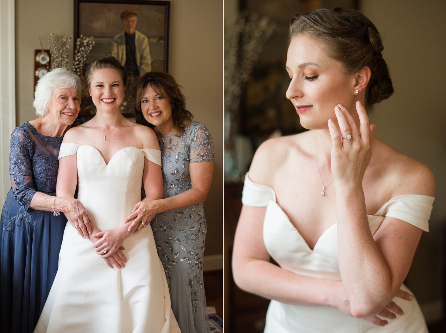 Left side image: the bride poses with her grand mother and mother on either side of her. Right side image: The bride poses with her hand to her cheek, eyes cast down.