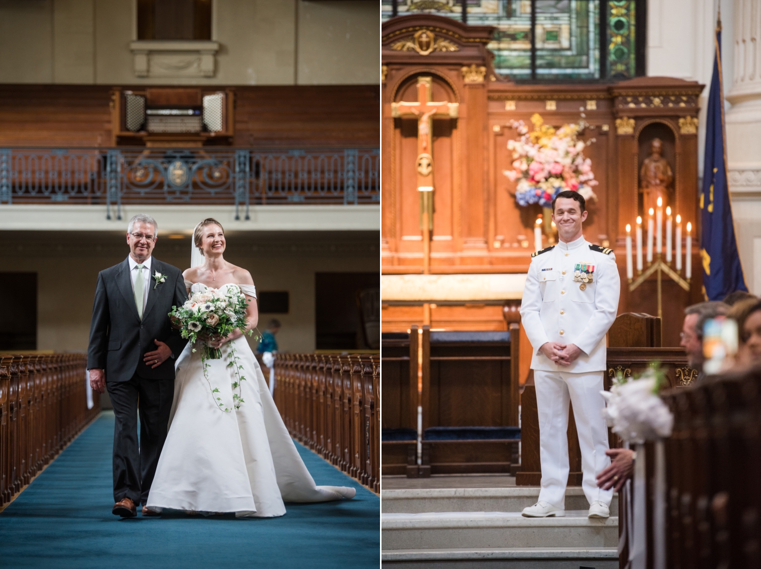 Left side image: The bride & her father walking down the aisle. Right side image: The groom waits at the end of the aisle for the bride.